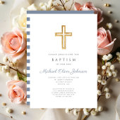 Invitation Croix religieuse Dusty Blue Stripes Baptême garçon