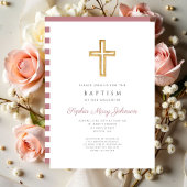 Invitation Croix religieuse Dusty rose rayures Girl Baptism