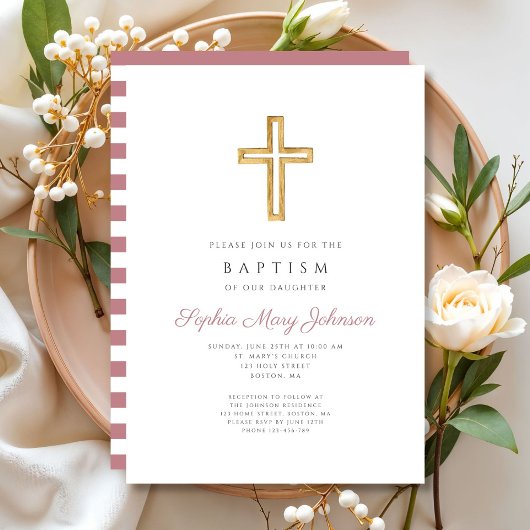 Invitation Croix religieuse Dusty rose rayures Girl Baptism
