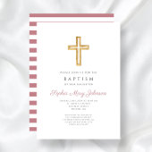 Invitation Croix religieuse Dusty rose rayures Girl Baptism