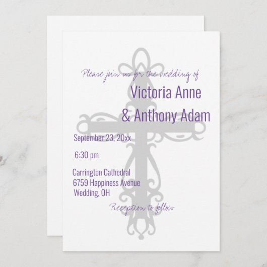 Invitation Croix religieuse Élégant chrétien violet Mariage (Devant / Derrière)