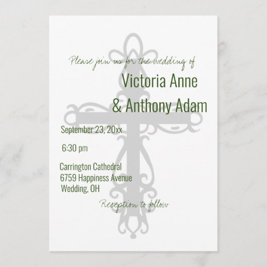 Invitation Croix religieuse Élégant Mariage chrétien vert (Devant)