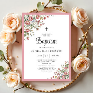 Invitation Croix Religieuse Élégante Fille Florale Baptême