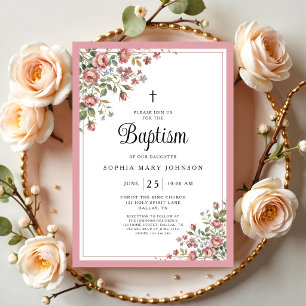 Invitation Croix Religieuse Élégante Fille Florale Baptême