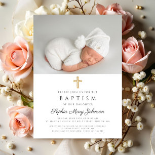Invitation Croix Religieuse Élégante Fille Photo Baptême
