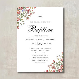 Invitation Croix Religieuse Élégante Fleur Fille Baptême