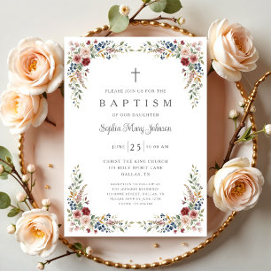 Invitation Croix Religieuse Élégante Fleur Fille Baptême