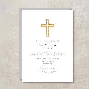 Invitation Croix Religieuse Élégante Grise Baptême Garçon Scr