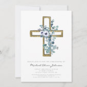 Invitation Croix religieuse Eucalyptus Floral Boy Christening (Devant)