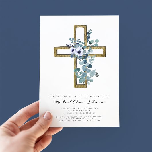 Invitation Croix religieuse Eucalyptus Floral Boy Christening