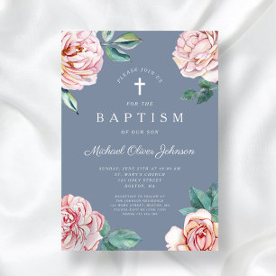 Invitation Croix religieuse florale bleu poussiéreux Baptême