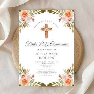 Invitation Croix religieuse florale élégante Première Communi