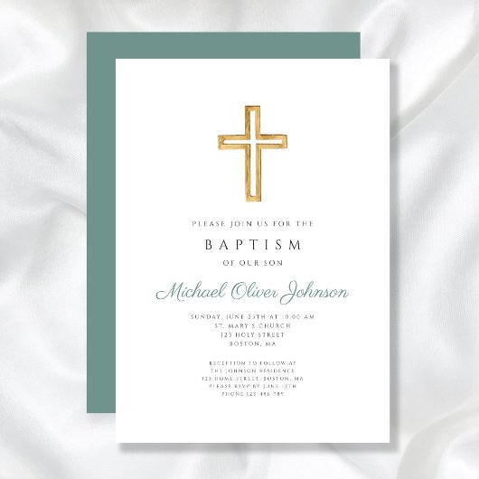 Invitation Croix religieuse Garçon baptême écriture verte