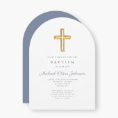Invitation Croix Religieuse Garçon Baptême Script Bleu Poussi