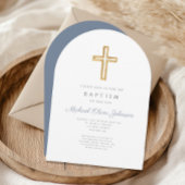 Invitation Croix Religieuse Garçon Baptême Script Bleu Poussi