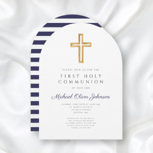 Invitation Croix religieuse Marine Bleu Garçon Premier Arc Co