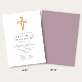 Invitation Croix religieuse Mauve Script Garçon Première Comm