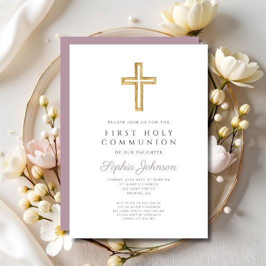 Invitation Croix religieuse Mauve Script Garçon Première Comm