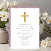 Invitation Croix religieuse Mauve Script Garçon Première Comm