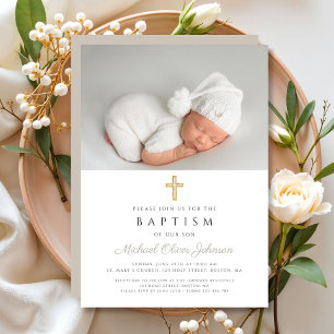 Invitation Croix Religieuse Moderne Beige Taupe Photo Baptême