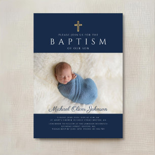 Invitation Croix religieuse moderne bleu marine pour garçon p
