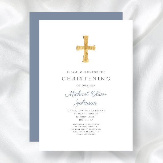 Invitation Croix religieuse moderne Dusty Bleu Christening