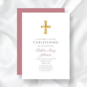 Invitation Croix Religieuse Moderne Rayures Roses Baptême