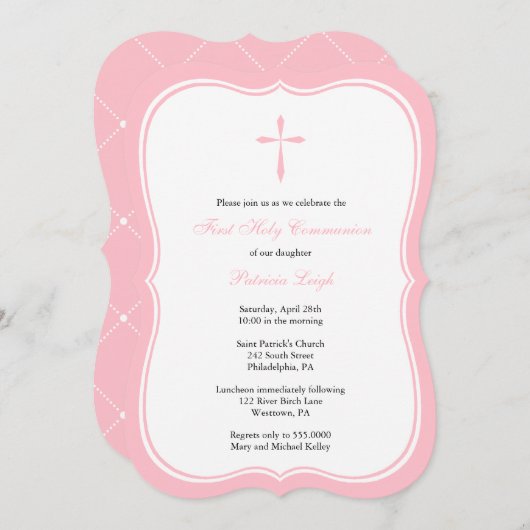 Invitation Croix religieuse moderne, rose (Devant / Derrière)