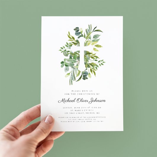 Invitation Croix religieuse moderne Verdure Christening