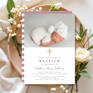 Invitation Croix Religieuse Modernes Bandes Roses Photo Baptê