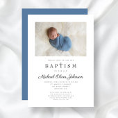 Invitation Croix religieuse Photo Bleu garçon Baptême