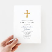 Invitation Croix Religieuse Rayures Bleues Garçon Baptême