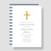 Invitation Croix Religieuse Rayures Bleues Garçon Baptême