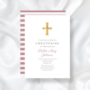 Invitation Croix religieuse rayures rose Fille Christening