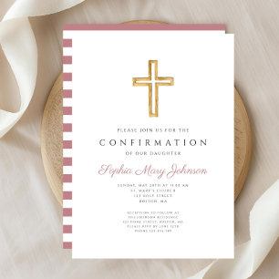 Invitation Croix Religieuse Rayures Roses Fille Confirmation