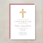 Invitation Croix Religieuse Rose Élégante Fille Confirmation