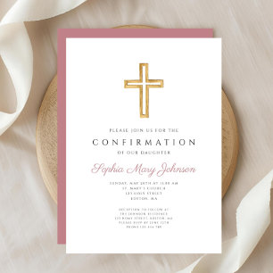 Invitation Croix Religieuse Rose Élégante Fille Confirmation