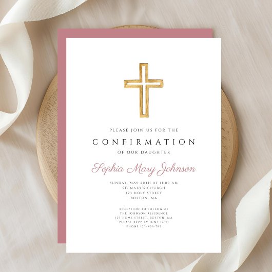 Invitation Croix Religieuse Rose Élégante Fille Confirmation