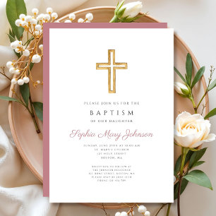 Invitation Croix Religieuse Rose Élégante pour Baptême de Fil