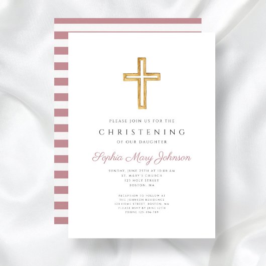 Invitation Croix Religieuse Rose Moderne Baptême