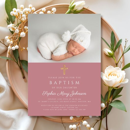 Invitation Croix Religieuse Rose Moderne Photo de Fille Baptê