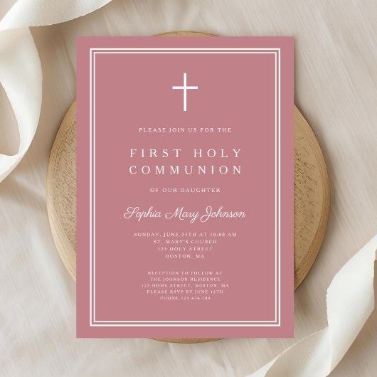 Invitation Croix religieuse rose moderne Première communion d