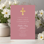 Invitation Croix religieuse rose moderne Première communion d