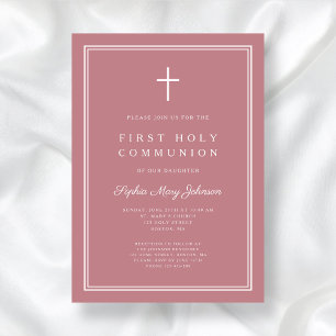 Invitation Croix religieuse rose moderne Première communion d