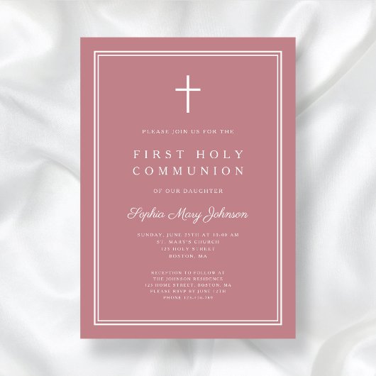 Invitation Croix religieuse rose moderne Première communion d
