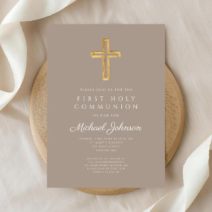Invitation Croix religieuse taupe garçon première communion s