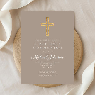 Invitation Croix religieuse taupe garçon première communion s