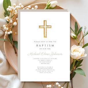 Invitation Croix Religieuse Taupe Script Garçon Baptême