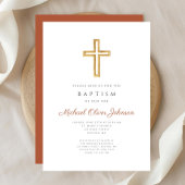 Invitation Croix Religieuse Terracotta Script Baptême