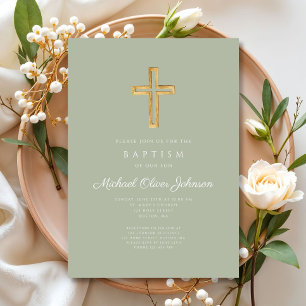 Invitation Croix Religieuse Vert Sauge Élégante Baptême